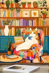 Painting by Numbers Kit for Adults Beginner,Charming Cat Bookshelf Color by Numb