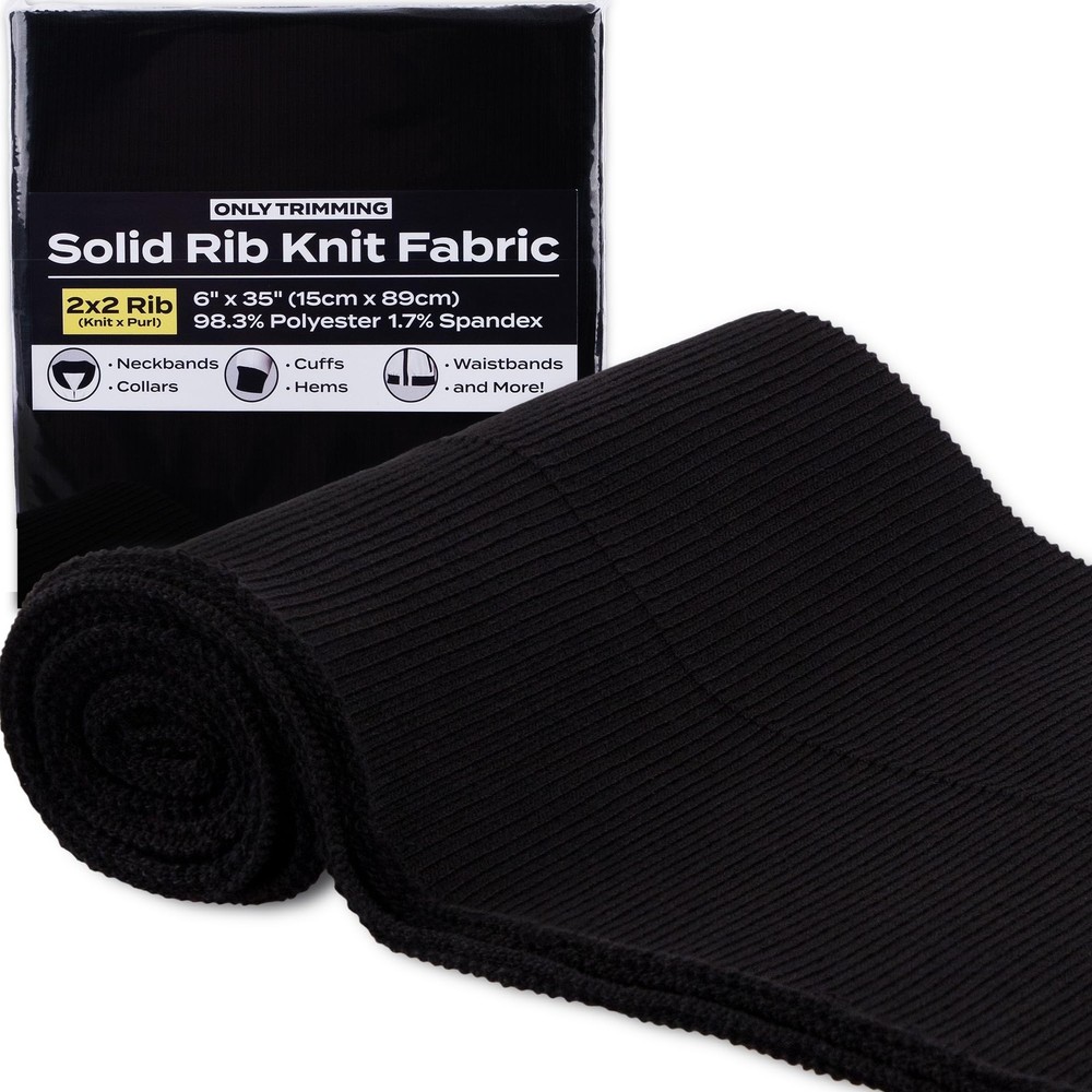 2×2 Solid Rib Knit Fabric Black Stretchy Knitted Ribbing Trim 6×35 Inch