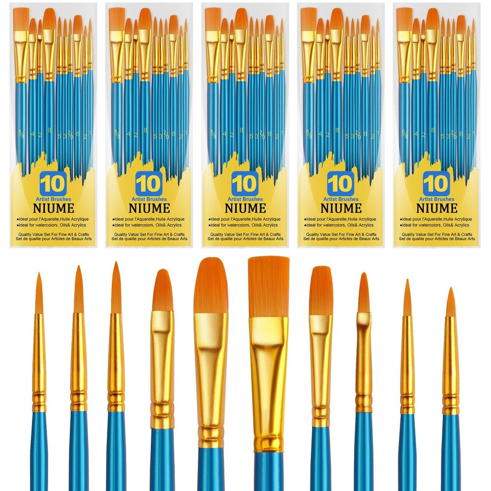 Acrylic Paint Brushes Set, 50Pcs Round Pointed Tip Artist 5 Pack, Blue