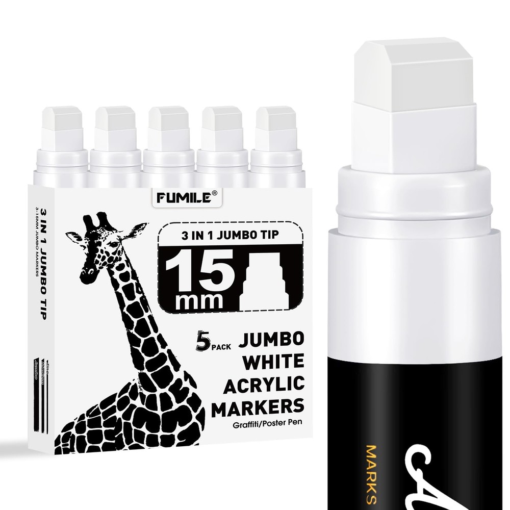FUMILE 5 Pcs White Jumbo Poster Marker,15mm Wide Tip Thick Acrylic Paint Pen …