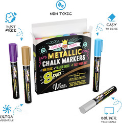 Metallic Liquid Chalk Markers – 8 Pack with Reversible Bullet and Chisel Tips –