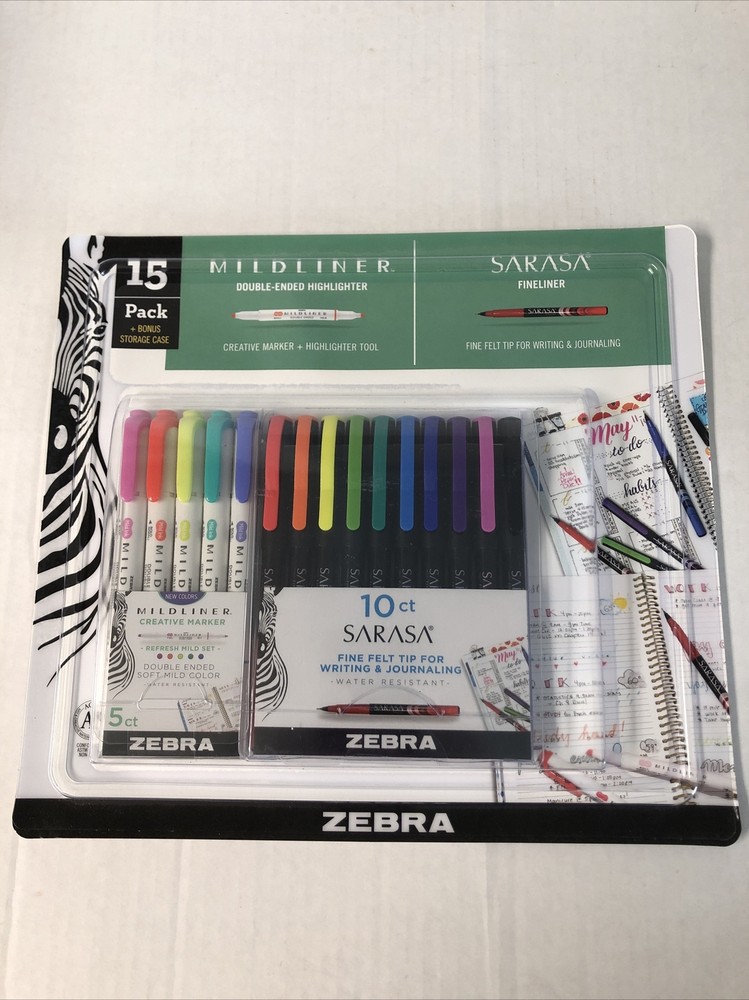 Zebra Sarasa .8mm Felt Tip 10 Pack Plus 5 Pack Zebra Mildliner Highlighters