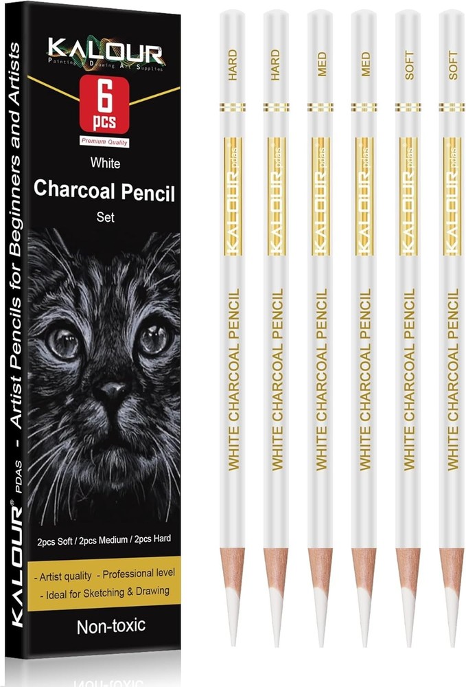 KALOUR White Charcoal Pencils Drawing Set, Professional 6 Pieces White Sketch
