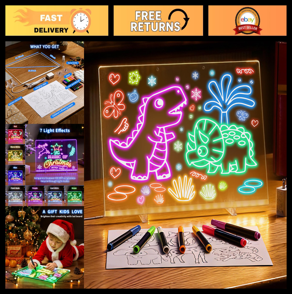 Light Up LED Drawing Board for Kids – 16″ Tracing Pad with 10 Pages & 7 Markers,