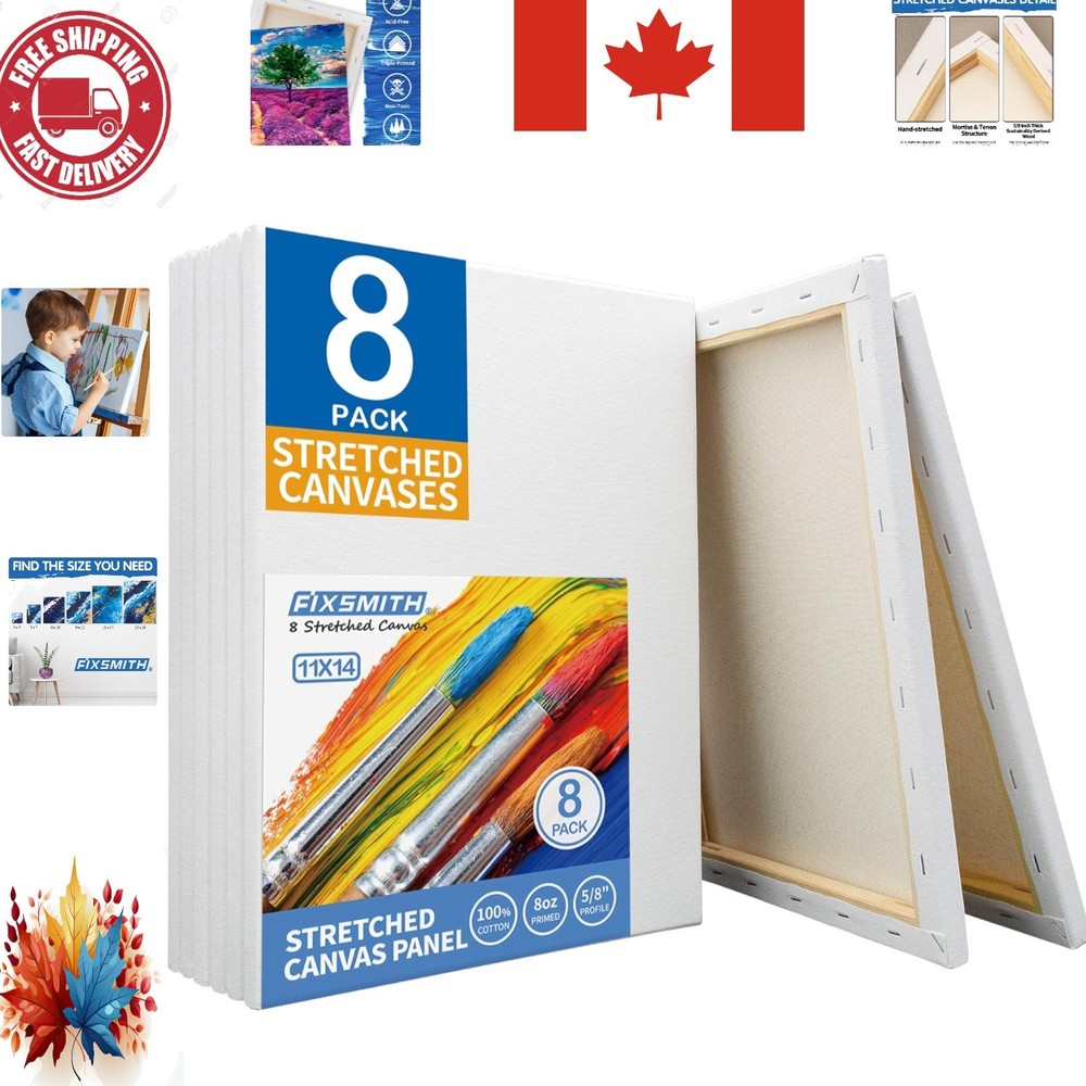 Bulk 11×14 Inch Blank Canvas – 8 Pack of Primed Cotton Art Surfaces