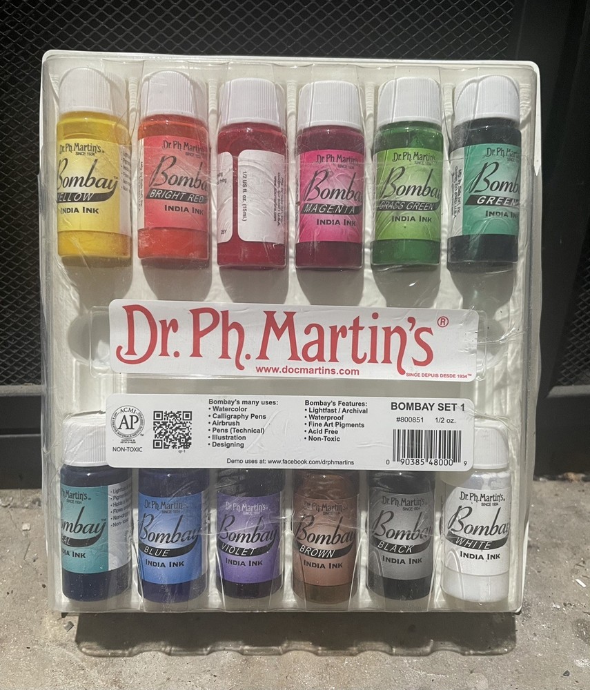 New Sealed Dr. Ph. Martin’s Bombay India Ink Set, 12 Colors, 0.5 oz Ea (#800851)