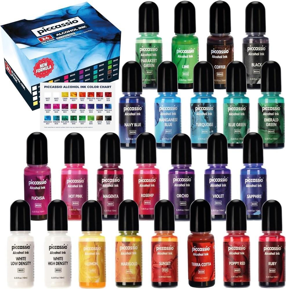 24 Alcohol Ink Set – Fast-Drying, Permanent Inks for Epoxy Resin, Tumblers & Art