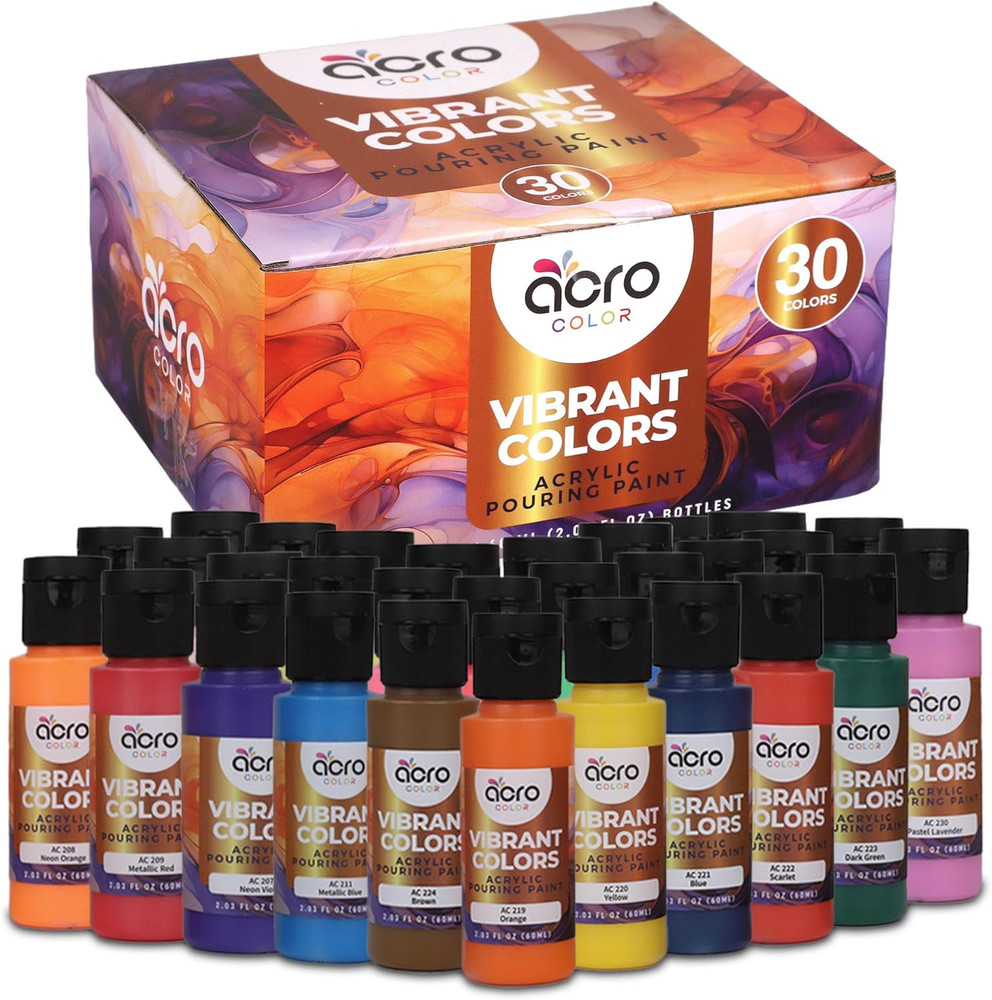 Acrylic Pouring Paint Set – 30 Basic, Neon, Metallic, and Pastel Colors – Easy t