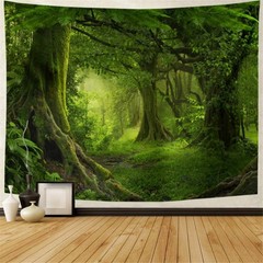 Misty Forest Tapestry Green Tree in Jungle Forest Tapestries Wall Hanging Nat…