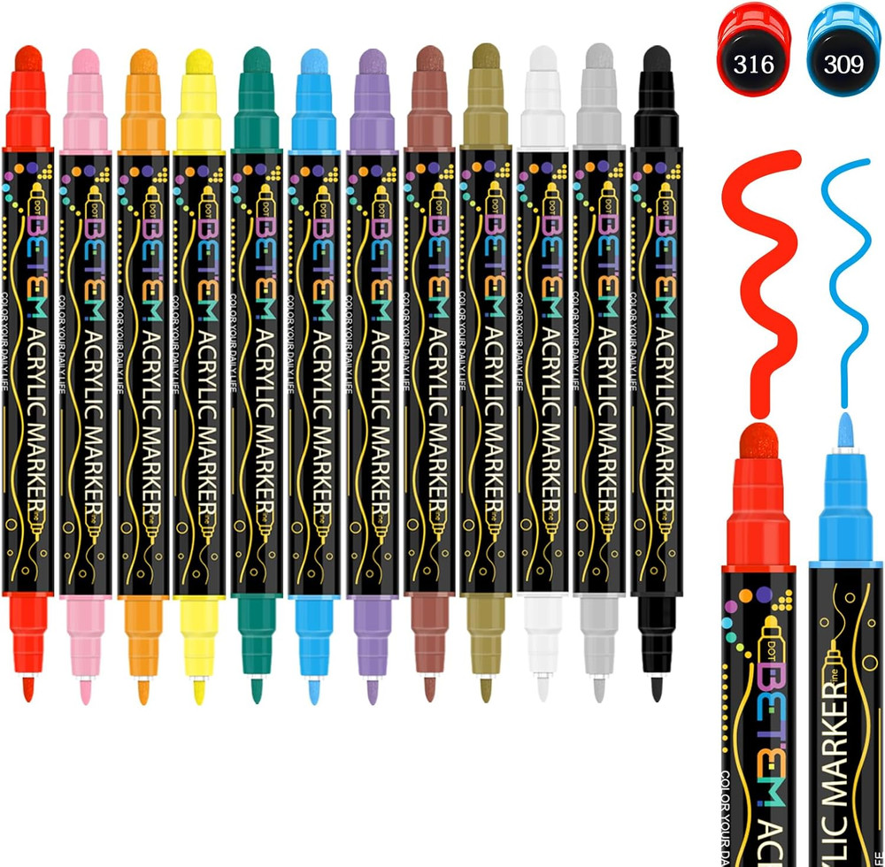 12 Colors Dual Tip Acrylic Paint Pens Markers, Premium Acrylic Paint Pens for Ha