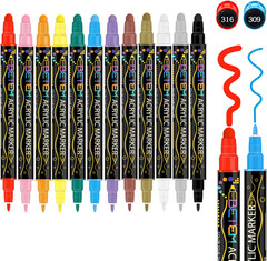 12 Colors Dual Tip Acrylic Paint Pens Markers, Premium Acrylic Paint Pens for Ha