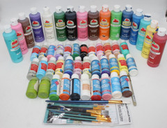 Acrylic Paint Lot 50+ Bottles 2-8 fl oz each Variety Multicolor + 12 Brushes HTF