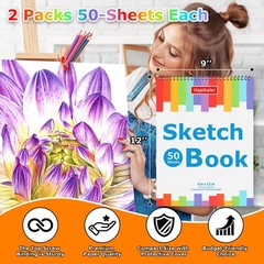 9″ x 12″ Sketch Book, 2-Pack 50 Sheets Spiral x 12″(Pack of 2), white
