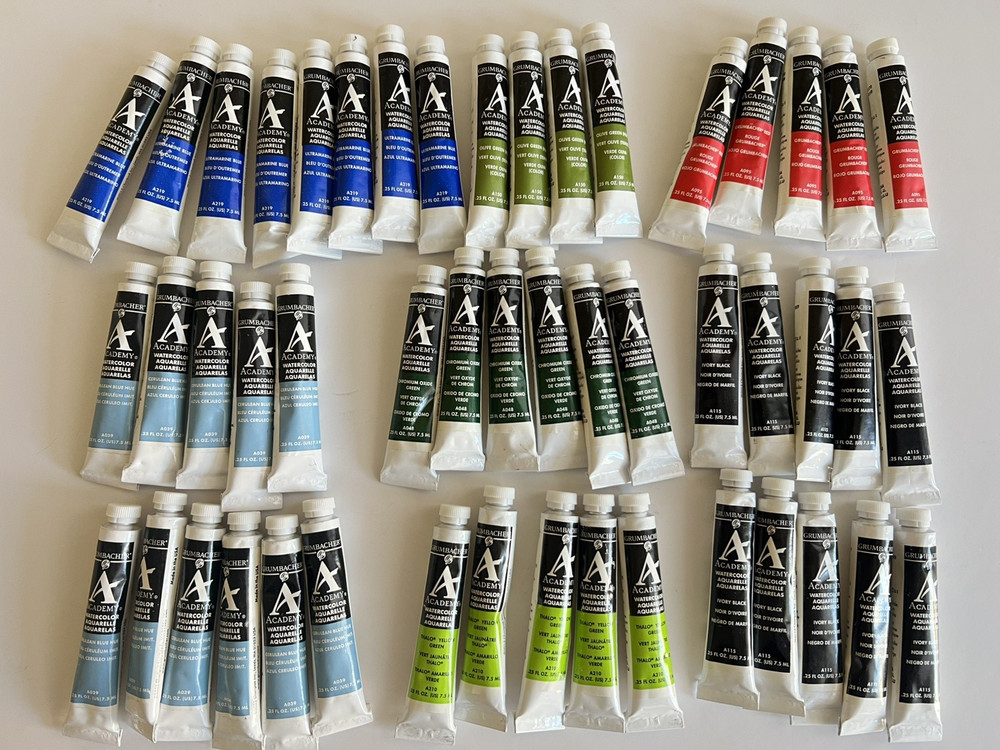 LOT 49 Grumbacher Academy Watercolor Paint 7.5ml 0.25Oz Blue Black Green Red