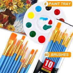 6 Packs 60 Brushes, 6 Mixing Palettes, Artist Paint Tool Kit, Blue