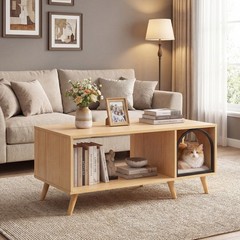 40 Inch Coffee Table Cat House 2-in-1 Wooden Kitten Furniture with Open Stora…