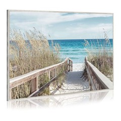 Beach Path Wall Art Framed – Coastal Pathway to Blue Ocean with Wood Toned Fe…