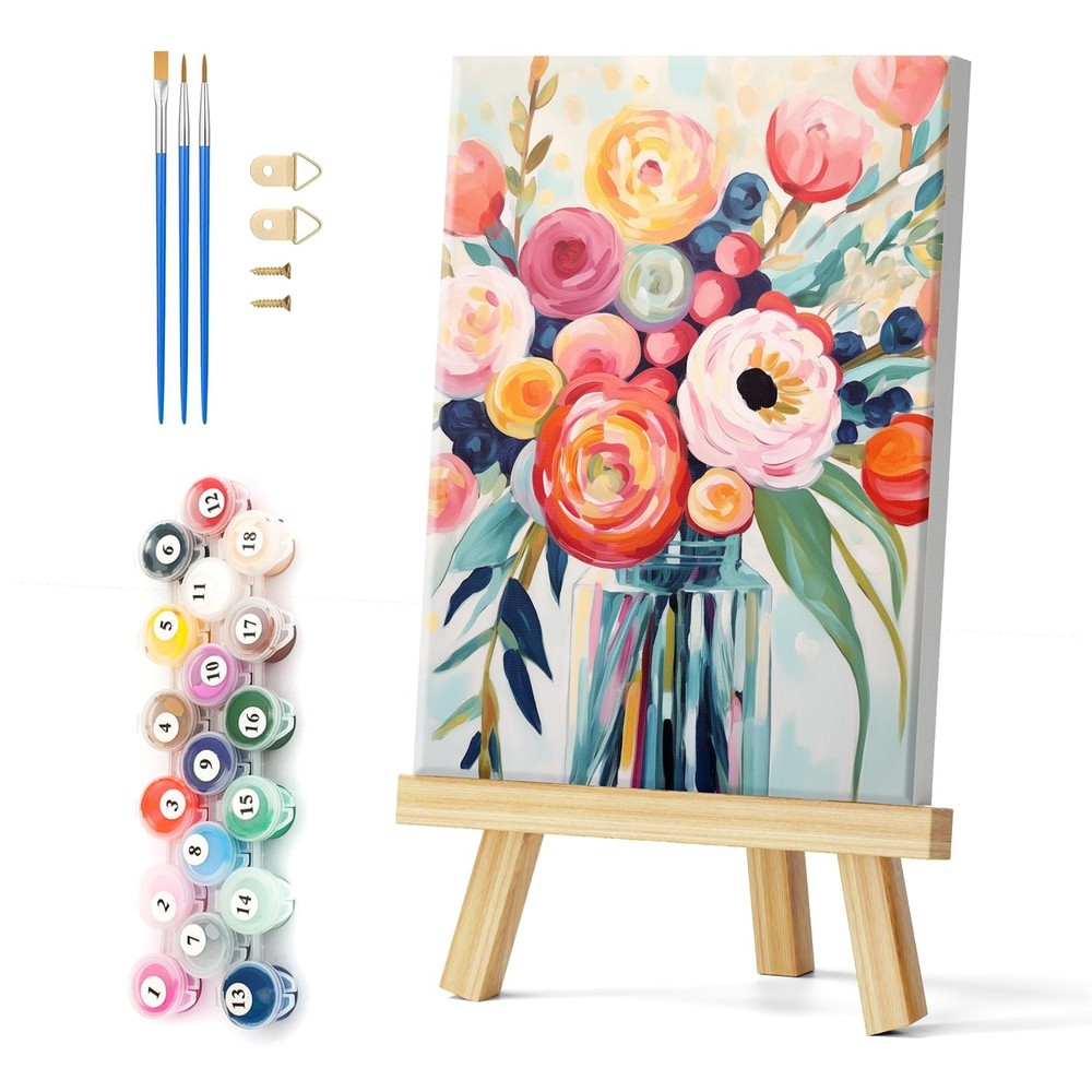 Framed Paint by Numbers for Adults Beginner, Colorful Flowers Acrylic Easy Paint