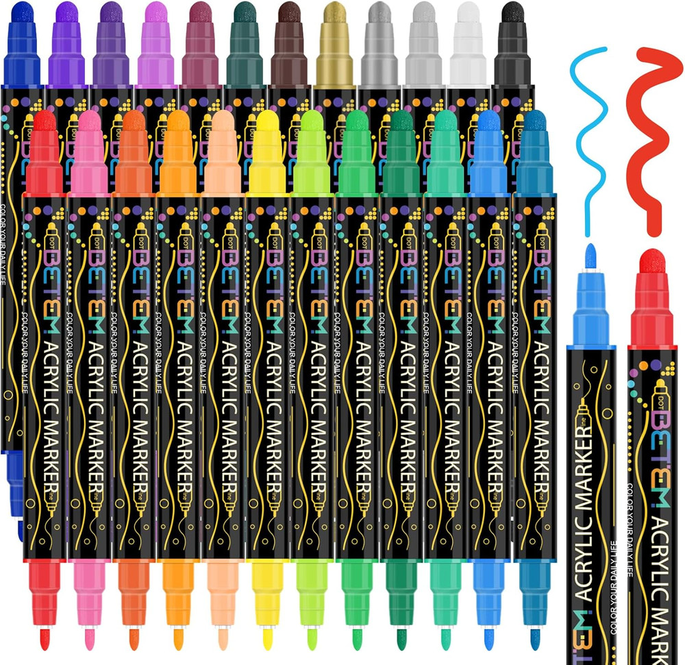 24 Colors Dual Tip Acrylic Paint Pens Markers, Premium Acrylic Paint Pens for Wo