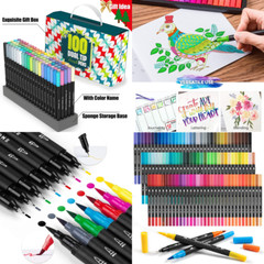 100 Dual Tip Markers Pens Fine Brush Tips Adult Coloring Calligraphy Drawing