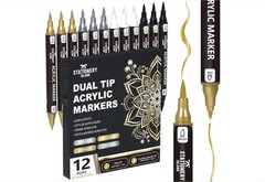 Acrylic Paint Pens 12 PCS – Metallic Gold Silver White Black, Dual Tip Markers.