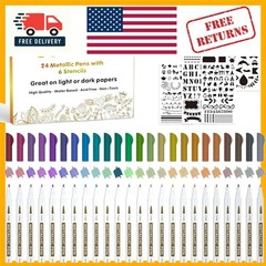 30 Assorted Fine Tip Metallic Markers – 24 Colors & Stencils for Craft Mastery