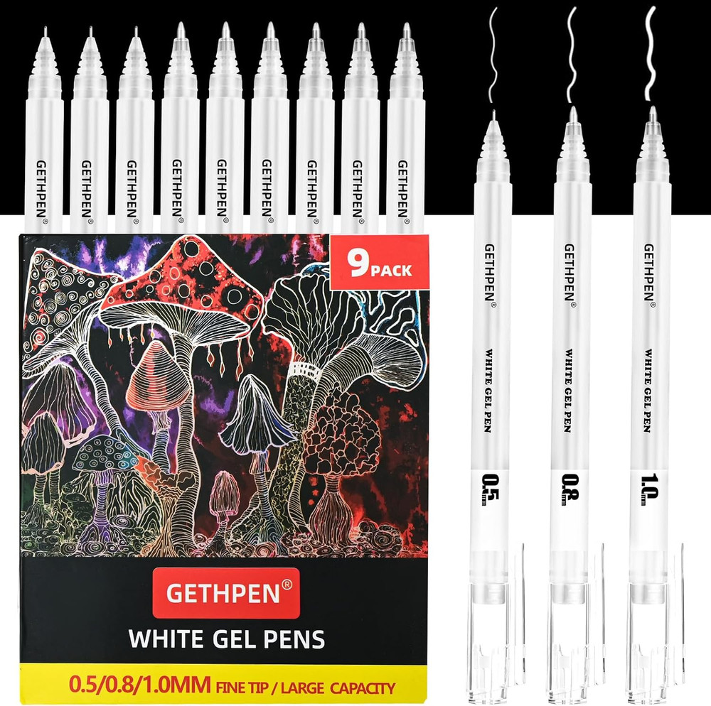 White Gel Pens 9 Pack, 0.5/0.8/1.0mm Tips Opaque Ink for Journaling & Art