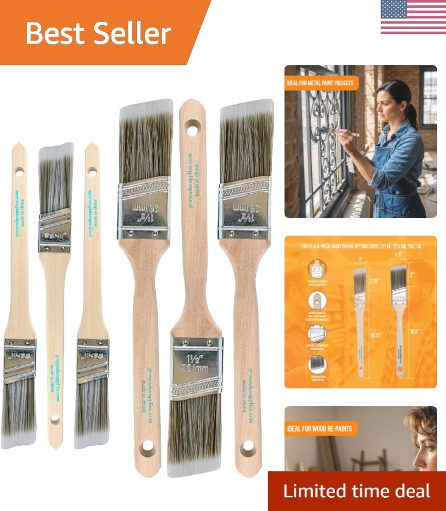 6-Pack Assorted Angle Paint Brushes – Stainless Steel and Flagged Bristles