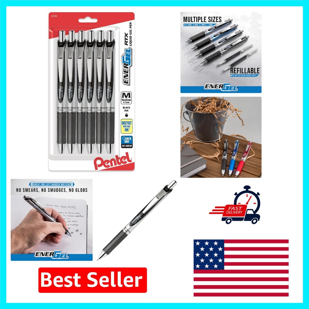 Effortless Writing with EnerGel RTX 0.7mm Retractable Black Gel Pens, Pack of 6
