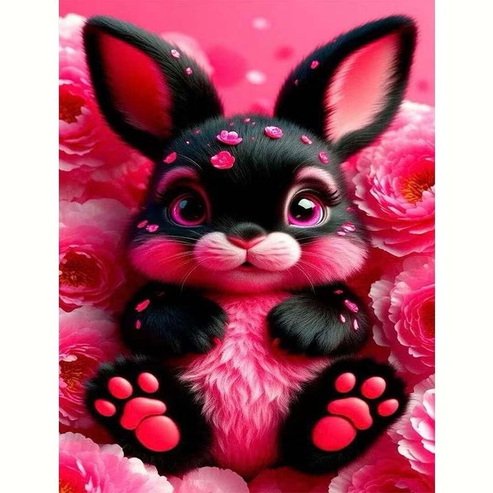 Black Rabbit Diamond Painting Kits for Adults, Pink Flowers 5D Diamond Art Kits