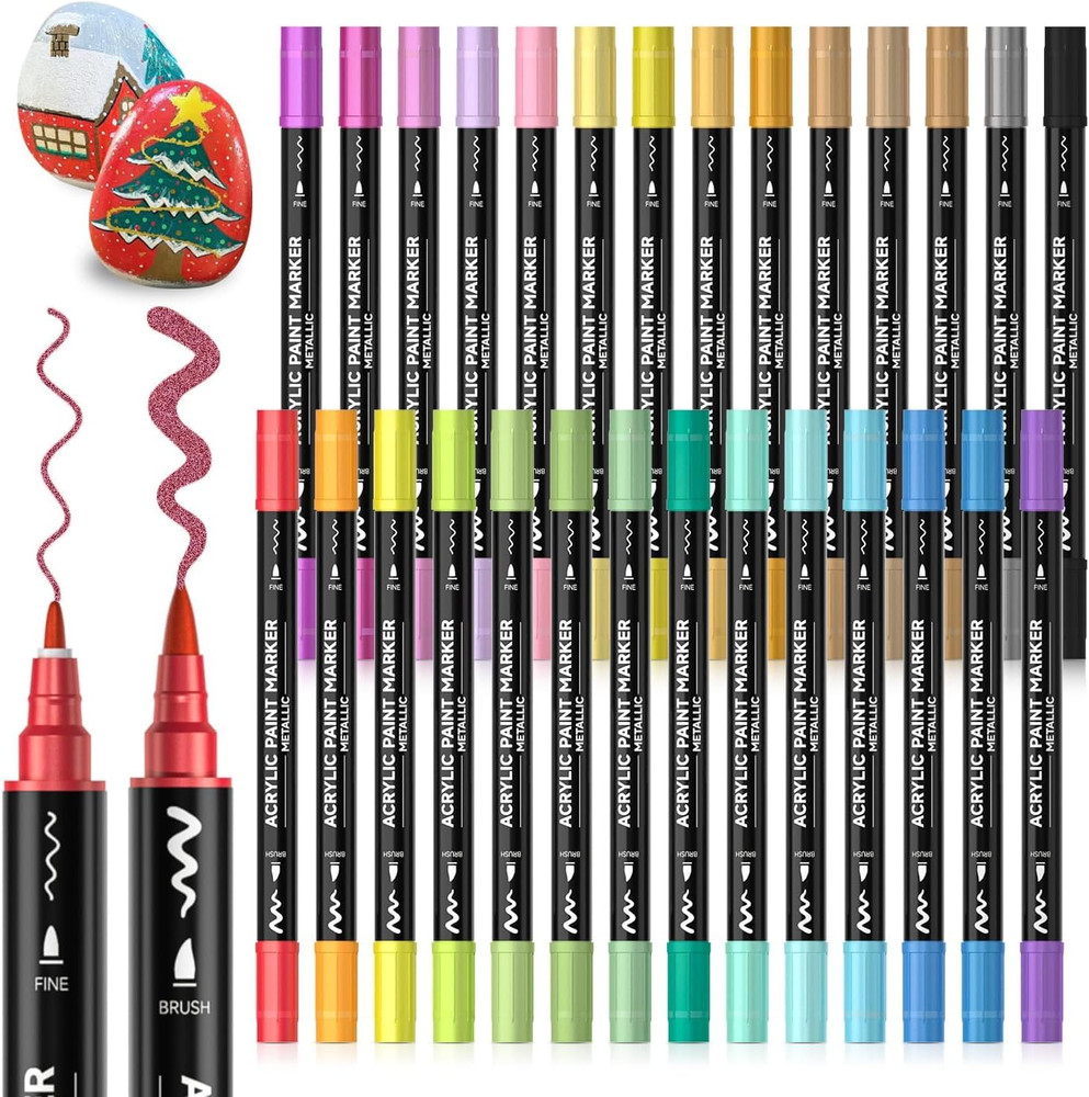 Shuttle Art 28 Metallic Colors Dual Tip Acrylic Paint Markers, Brush Tip