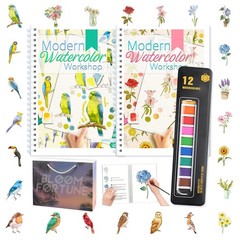 2 PCS Birds Flower Beginner Watercolor Workbooks Paint Brush 300gsm/140lb