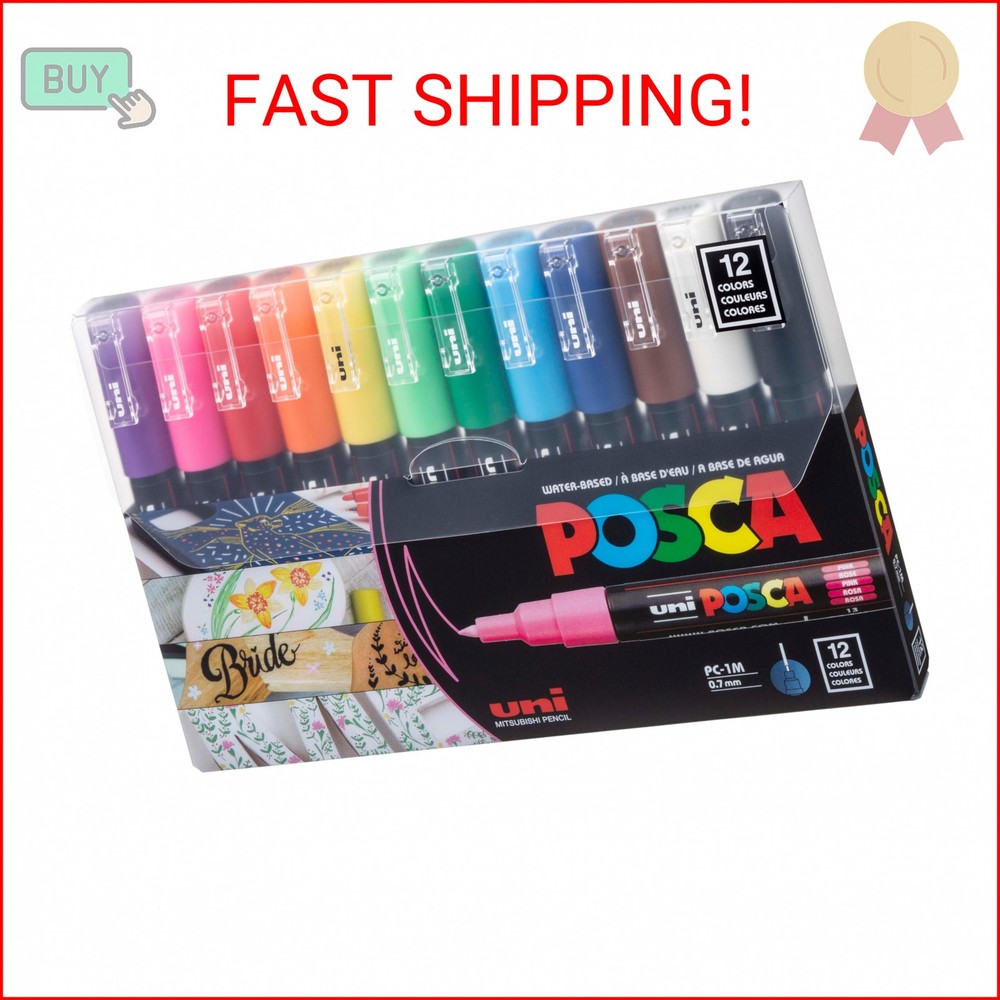 uni Posca Acrylic Paint Art Markers, Set of 12 Extra Fine Point Thin Paint Pens