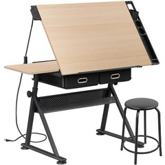 Drafting Drawing Table Tabletop Adjustable Height with Charge Outlet Natural