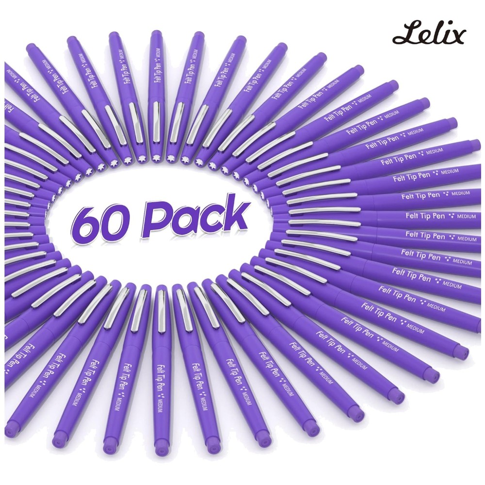 Vibrant Purple Felt Tip Pens for Writing, Drawing – 60 Count