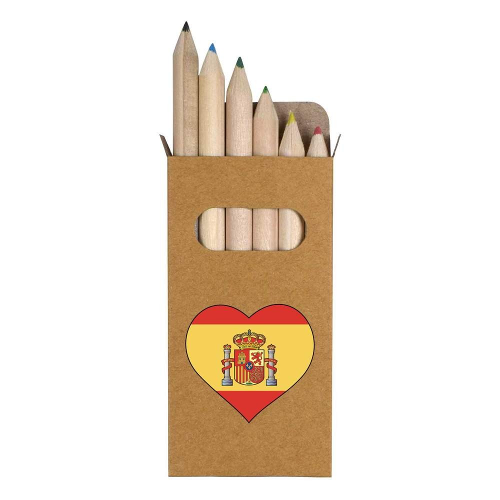 6 x ‘Spain Flag Heart’ Short 85mm Pencils / Coloured Pencil Set (PE00076260)