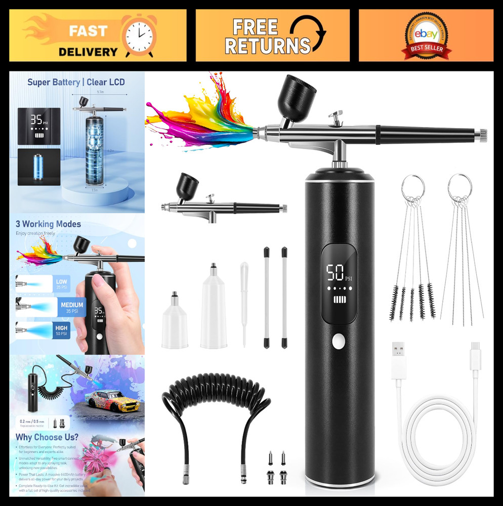High-Pressure Airbrush Kit with Compressor, 2 Airbrushes, 6400mAh, 50PSI, 0.2/0.