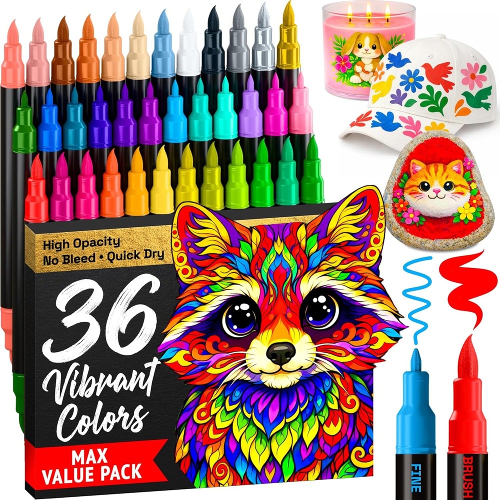 36 Acrylic Paint Markers – Paint Pens for Drawing, Brush + Fine Tips – For Fabri