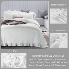 100% Stone Washed French Linen Duvet Cover Set 3 Pieces – Super King White