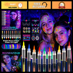 Neon UV Face & Body Paint Markers – 10 Glow Tattoo Pens, Water-Resistant & Washa