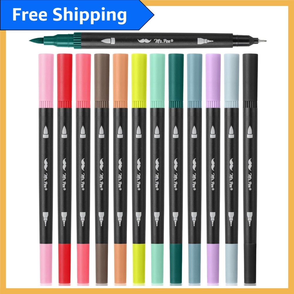 12-Piece Dual Tip Brush Pens Set in Muted Colors for Artistic Creativity