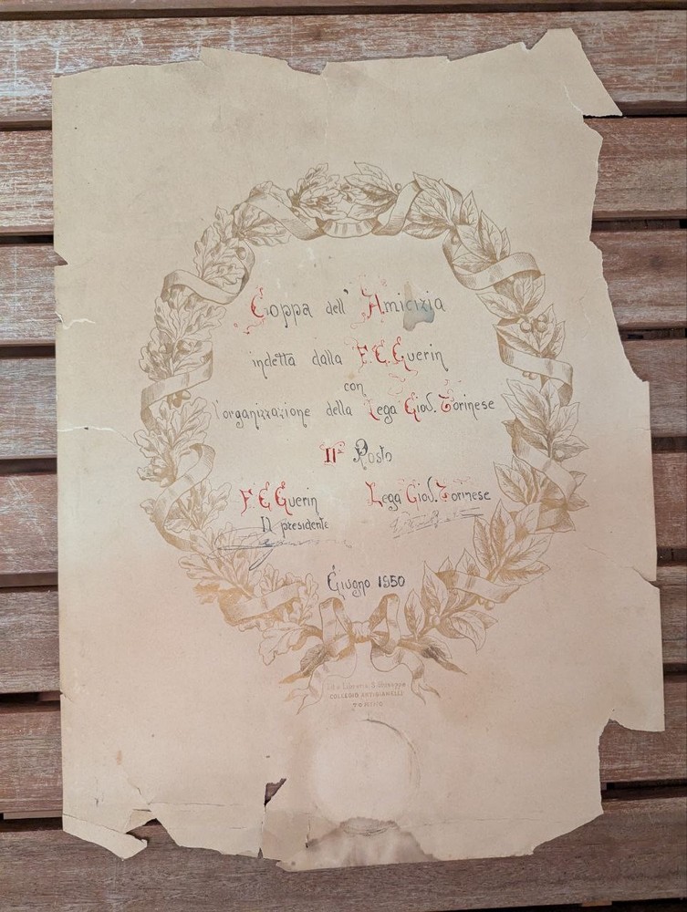 Antique 1850 Italian Award Certificate “Coppa dell’Amicizia” Turin C31