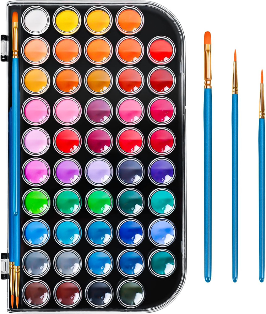 48 Color Solid Watercolor Paint Set with 3 Wooden Brushes Non Toxic Vibrant