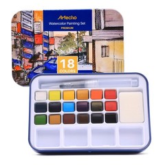 18 Colors Watercolor Paint Set, Portable Travel Tin Box with Brush