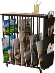 Oak Art Storage Rack with Wheels Side Pockets