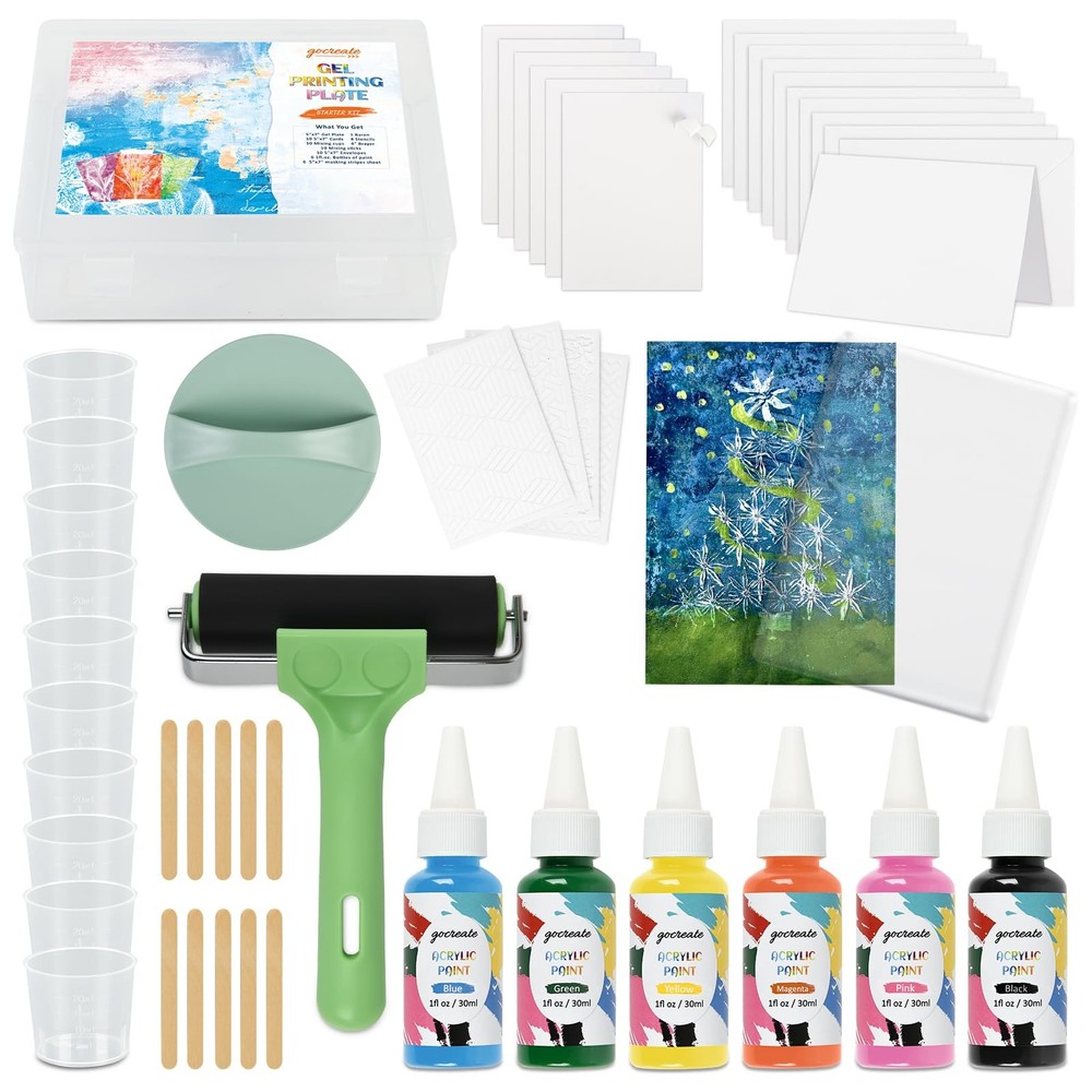 Gel Printing Plate Kits with Paints, Brayer, Baren, Stencils, Washi Stickers,…