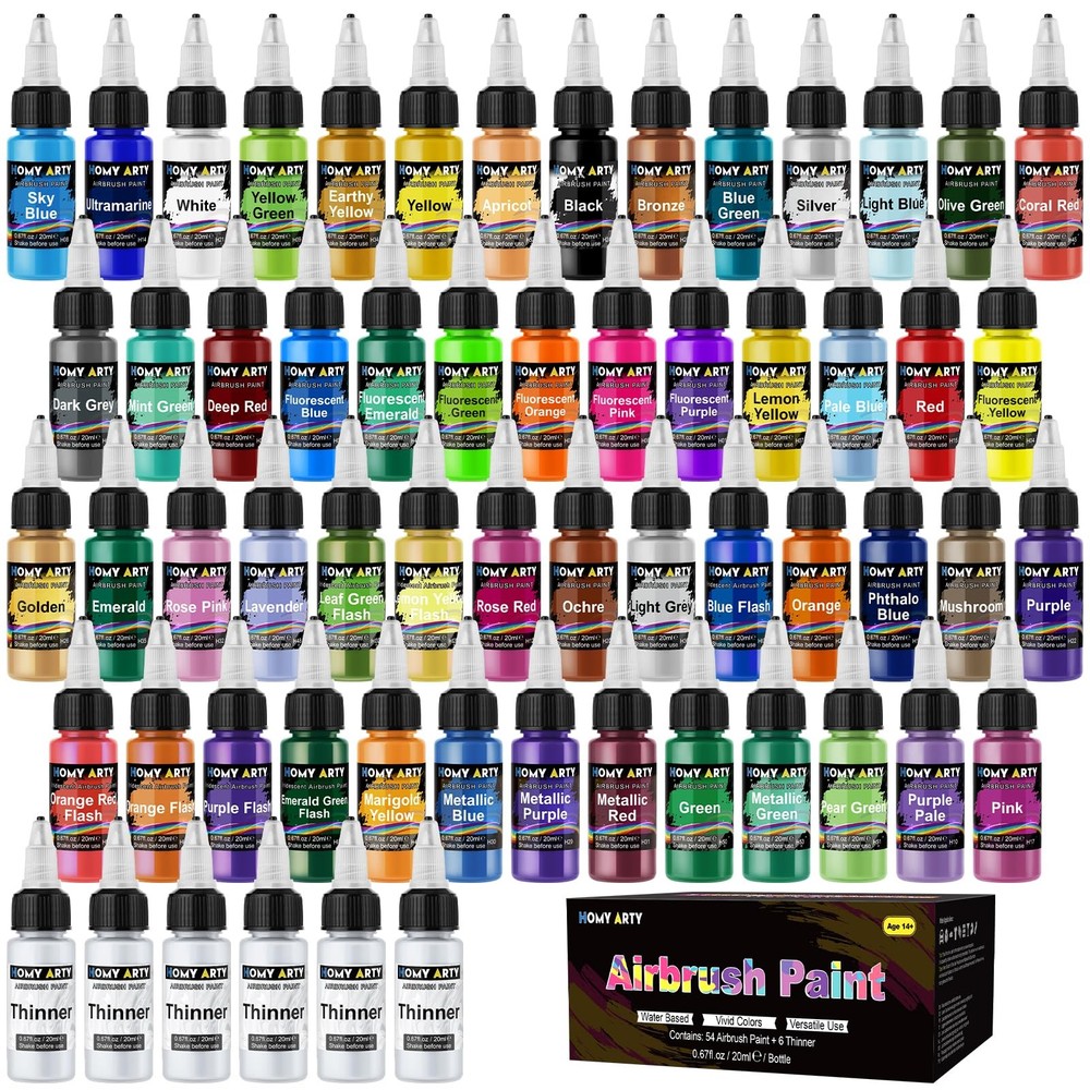60 Bottle Airbrush Paint Set Water Based Acrylic Ready Spray Canvas Wood Metal P