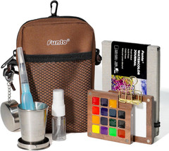 Mini Watercolor Paint Set, All-In-One Walnut Wood 15-Color Premium Pocket Travel