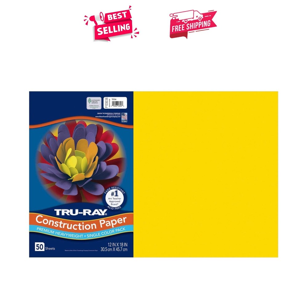 Vibrant Yellow Construction Paper – 50 Sheets, 12″ x 18″, Acid-Free & Recycled