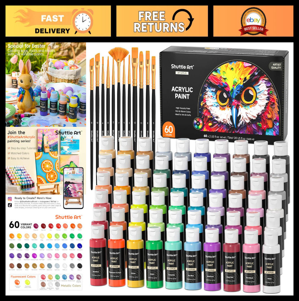 72 Pack Acrylic Paint Set – 60 Colors + Extra White & Black, 12 Brushes, 2oz, Wa